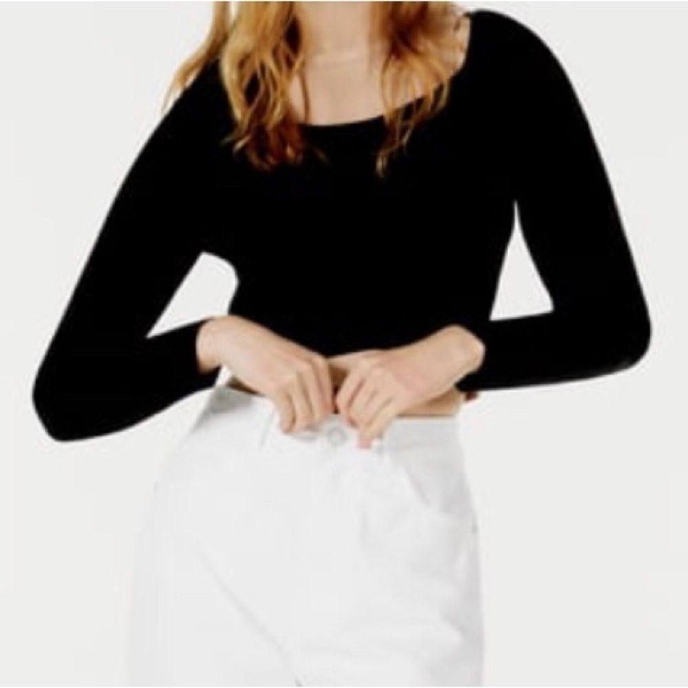 ZARA Neutral Black Knit Cropped Long Sleeve Top Streetwear Round Square Neck S